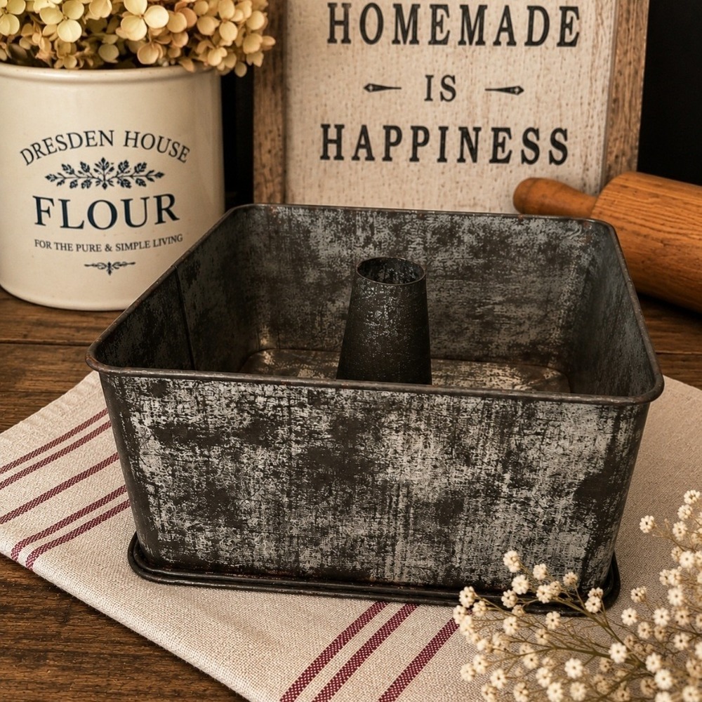 Vintage Square Tube Cake Pan 7.75" Tin Angel Food Chiffon Pan Primitive Rustic
